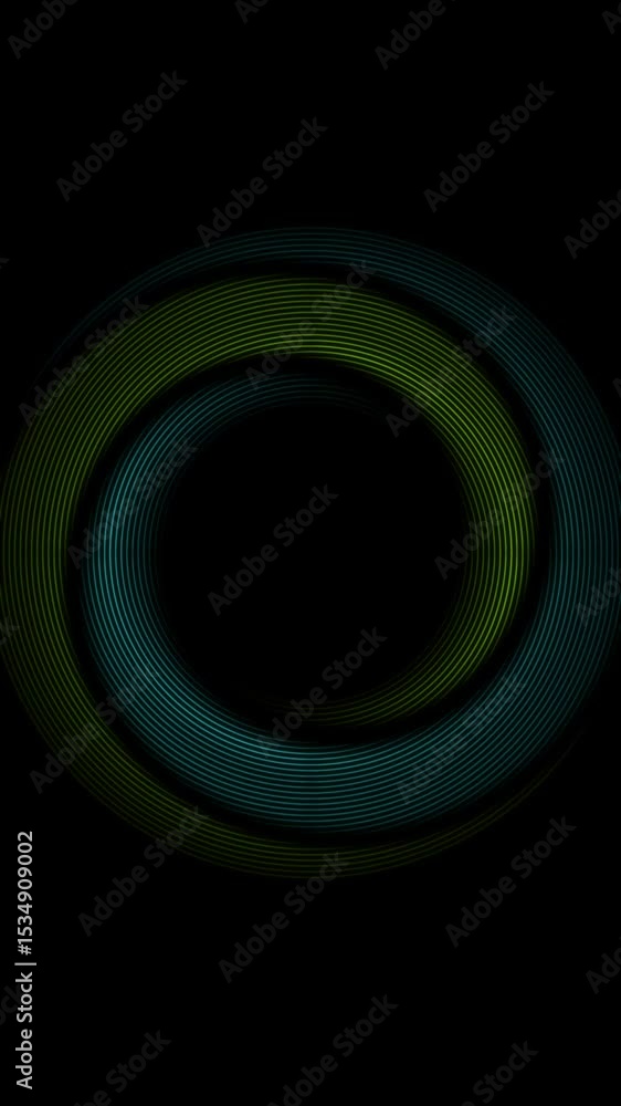 Poster Blue and green shiny linear twisted circles abstract futuristic tech motion background. Vertical video animation