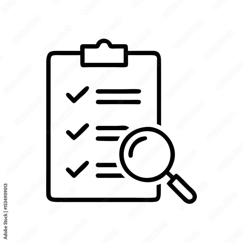 Aufkleber checklist with magnifying glass icon outline for review and audit tasks