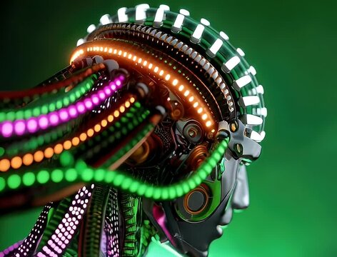 Futuristic robotic head with colorful le ds