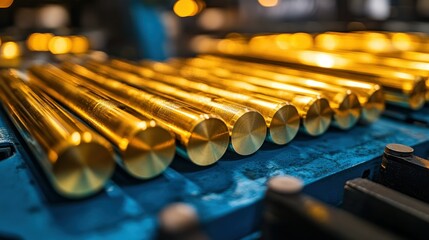 Gold-colored metal rods arranged in rows on a blue industrial surface