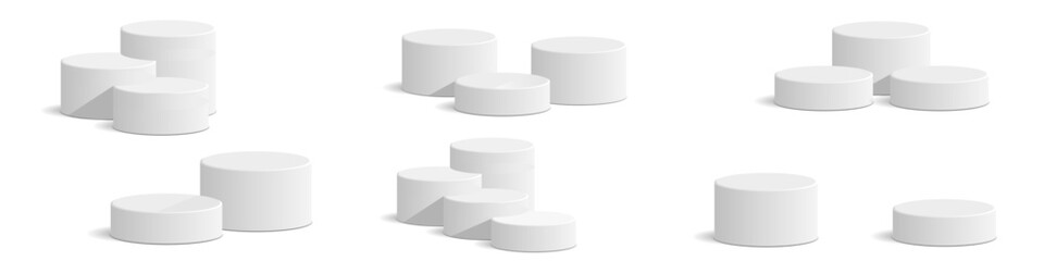 Set Cylinder white podium stage pedestal and platform vector for product display, spotlight presentations, or award ceremonies. It's ideal for minimalist exhibitions, virtual events, elegant showcases