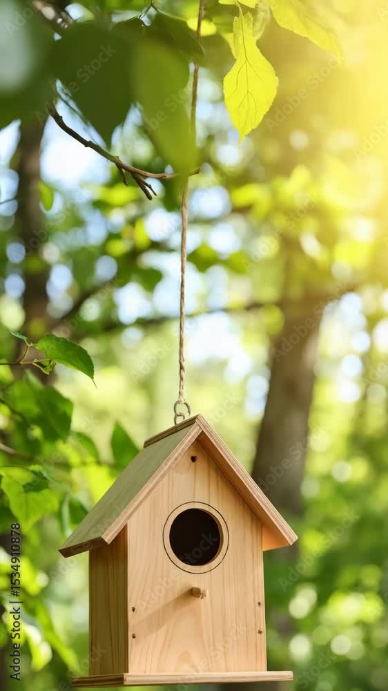 Poster hanging birdhouse in a green tree with dappled sunlight and blurry bokeh creating a calm and peacefu