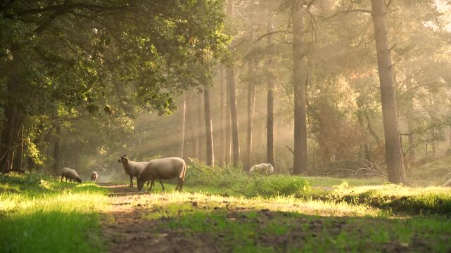 Sheep walking in a forest on a early morning