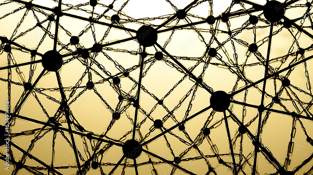 Poster abstract network of chains and spheres against a golden gradient background