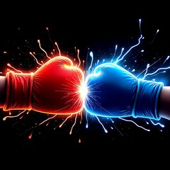 Dynamic clash between a powerful red boxing glove and a blue boxing glove captured at the moment of impact with explosive energy lines or particles radiating outwards on a dark background.