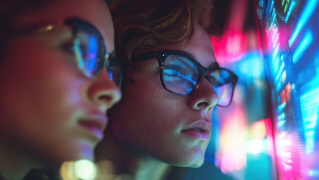 Focused People Looking at Glowing Screen with Blue Reflections