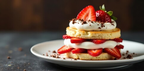 Strawberry shortcake with whipped cream, decorated with chocolate shavings , strawberry shortcake, strawberry, valentine dessert