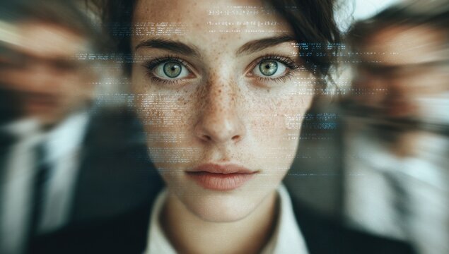 Serious Woman Freckled Face in Corporate Team with Digital Overlay