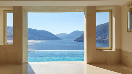 Stunning lake view from modern interior with infinity pool on a sunny day