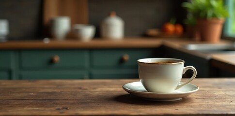 Fototapeta premium Two ceramic coffee cups sit on rustic wooden kitchen table , still life, table, light