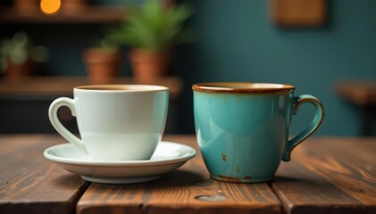 Two empty coffee cups sit on rustic wooden table, empty cups, home