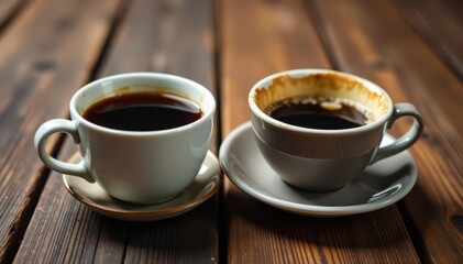 Obraz premium Two empty coffee cups sit on rustic wooden table, overhead, tableware