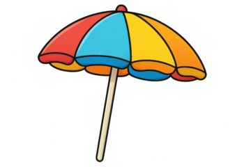 Beach parasol featuring vibrant red, blue, yellow panels, providing sun shelter against transparent backdrop