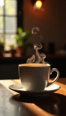 Fototapeta premium Warm coffee steam rises from mug on wooden table, soft bokeh lights , espresso, cafe, texture