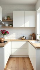 White kitchen, wood countertops, flowers, minimalist, brick wall, spring, cozy kitchen