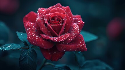 Close-up of a vibrant red rose covered in water droplets.