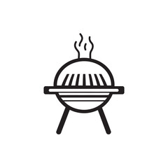 Simple Line Drawing of a Round Barbecue Grill with Smoke, Isolated on White Background