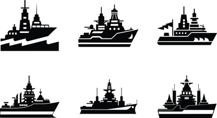 Obraz premium Set of nautical ship and boat silhouettes including cargo, cruise, and fishing vessels, perfect for vector illustrations of sea travel and transportation