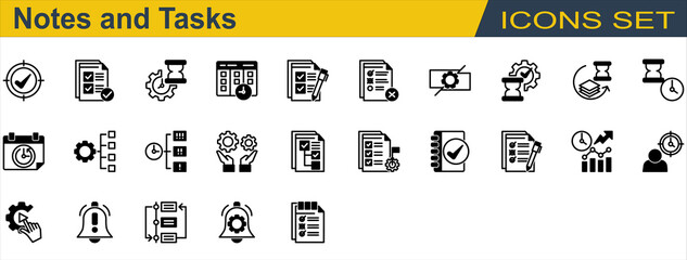 Notes and Tasks Icon Set. Containing Checklist,Deadline,Delay,Notification,Organize,Priority,Progress,Reschedule,Subtask,Task Completed,To Do List. Mixed Style