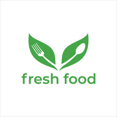 Healthy Food Logo, Green Leaf with Fork and Spoon Vector Design