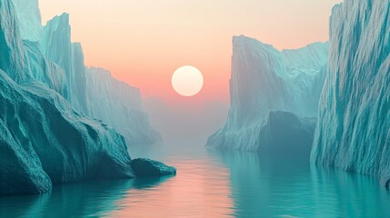 Ice fjord at sunset.  A serene, digital landscape