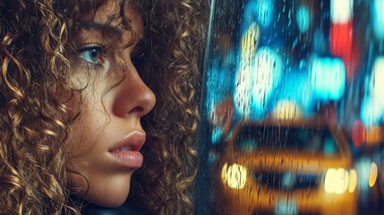Close-up of a young woman with curly hair looking out at a rainy city night scene