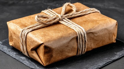 A wrapped gift box tied with rustic twine on a dark slate surface