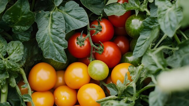 Close-up view of a cluster of colorful tomatoes and leaves.