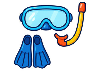 Cartoon diving gear set featuring blue mask, orange snorkel, blue flippers positioned together against transparent background