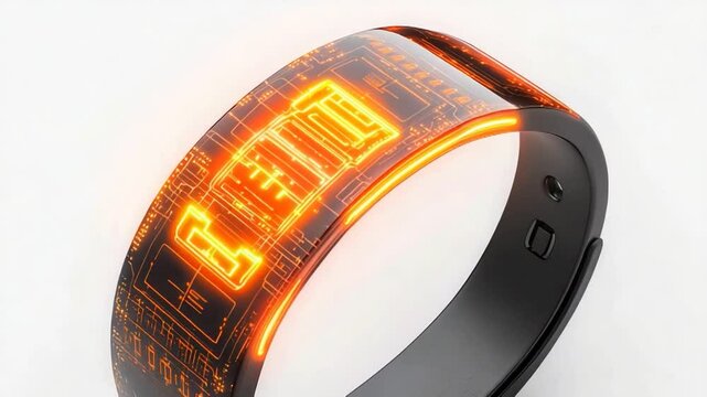 Futuristic wearable technology bracelet displaying digital information on a sleek design