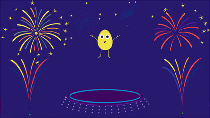 Naklejka premium Cartoon egg character celebrates with fireworks above a trampoline at night under starry sky
