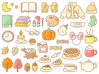 秋のイラストセット、水彩カラーと水彩テクスチャ