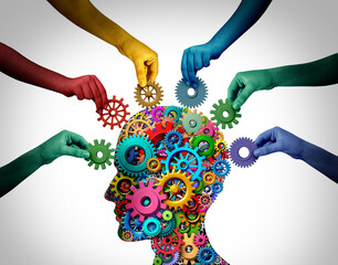 Development And Education and Diverse group training solutions and intelligent creative business partnership as multicultural people uniting together as an integrated team or mental health support.