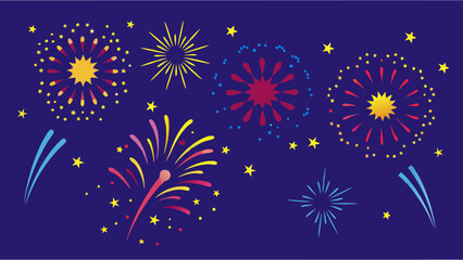 Illustration of colorful fireworks and stars against a dark blue background in a festive celebration scene