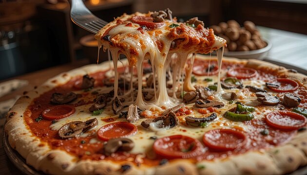 Melted cheese drips from a delicious pizza slice.