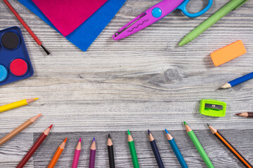 Stationery accessories for learning at school or preschool. Development of creativity. Place for inscription
