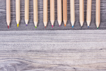 Colorful crayons using for learning at school or preschool. Development of creativity. Copy space for text