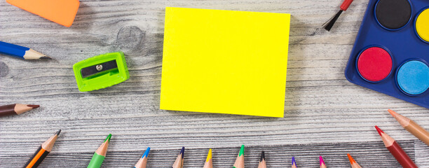 Colorful school accessories using for learning at school or preschool. Development of creativity
