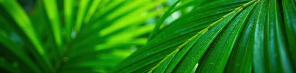 Vibrant green palm fronds, close-up Lush tropical foliage texture , sunlight, rainforest, holiday