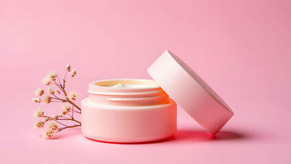 Pink Cream Jar with Lid and Delicate Flowers on Pink Background