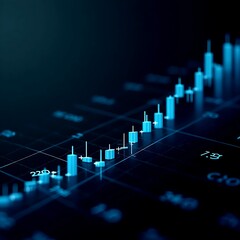 Stock market financial chart features blue candlesticks on a dar.