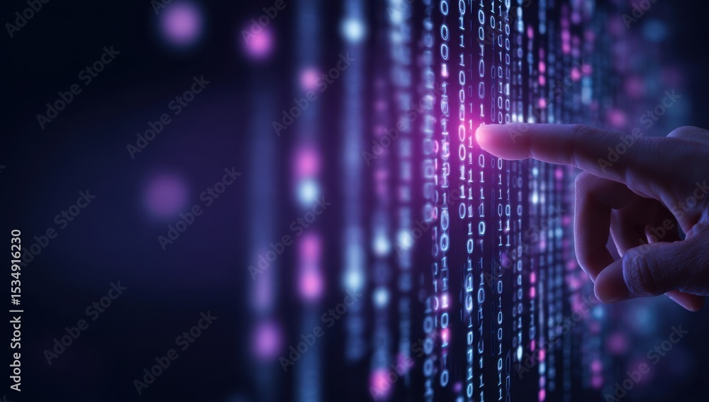 Poster hand touching glowing binary code on purple digital screen