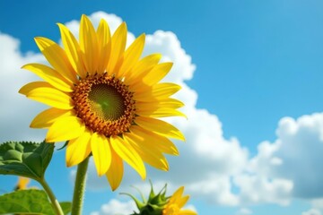 Obraz premium Vibrant yellow sunflower close-up, fluffy clouds, blue sky , close-up, nature, sunflower
