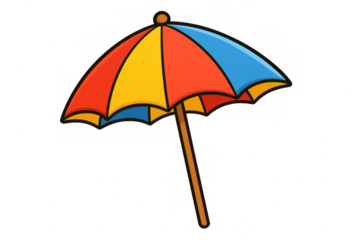 Beach umbrella with multicolored panels casting protective shade, rendered in cartoon style against transparent background for summer graphic needs