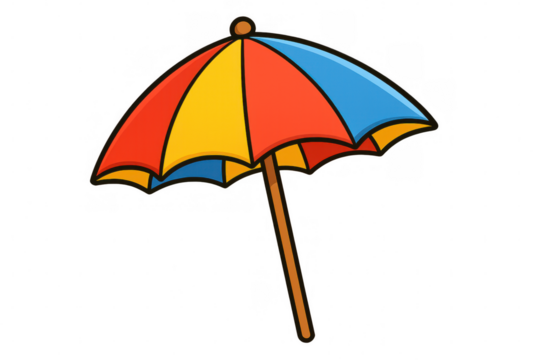 Beach umbrella with multicolored panels casting protective shade, rendered in cartoon style against transparent background for summer graphic needs