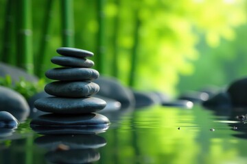 Obraz premium Zen stones, water reflection, pebble pyramid, bamboo forest, relax, bamboo, wellbeing