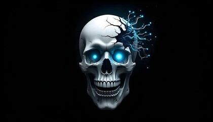 Fototapeta premium Skull Vector Side. Monochrome artificial intelligence skull emblem design with a cracked robotic skull.