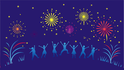 Fototapeta premium Celebration with fireworks and silhouettes of people jumping with joy under a starry night sky scene