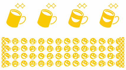 Golden mugs with steam and smiley faces arranged in rows creating a cheerful and whimsical pattern
