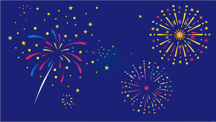 Illustration of a festive night scene with colorful fireworks and scattered stars in a dark blue sky